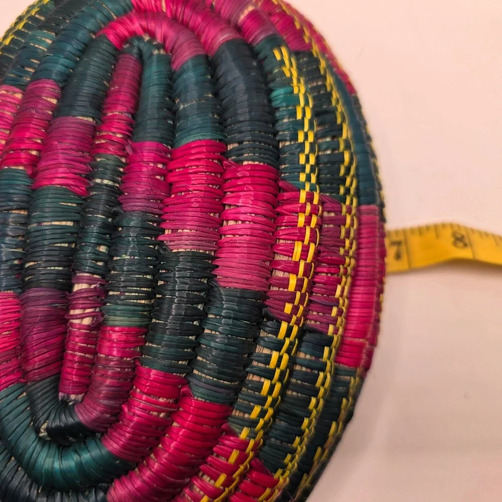 Handwoven Coiled Grass Muday Basket Ethiopian‎ Pink Green Yellow Boho Lidded Box
